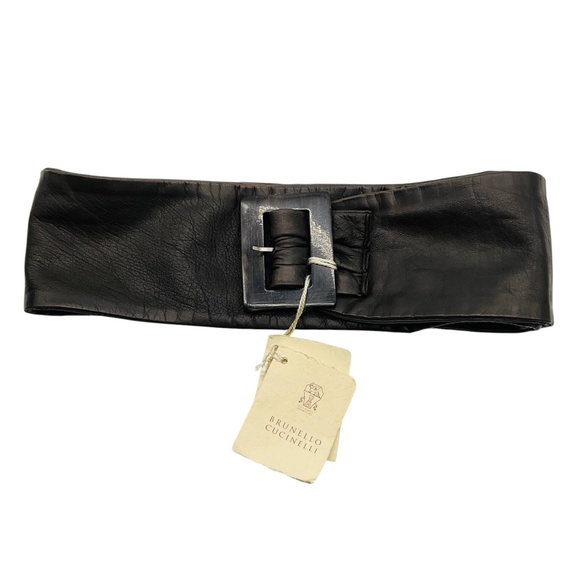 BRUNELLO CUCINELLI DARK BROWN DISTRESSED LEATHER WIDE BELT